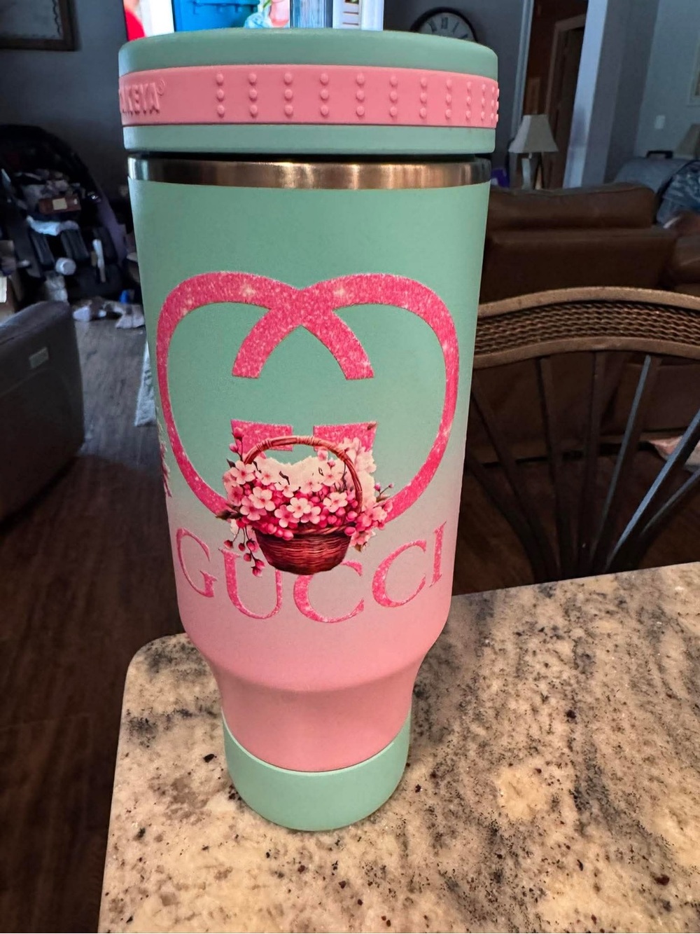 Takeya GUCCI pink and Mint Floral Logo Travel Tumbler - Designer Style